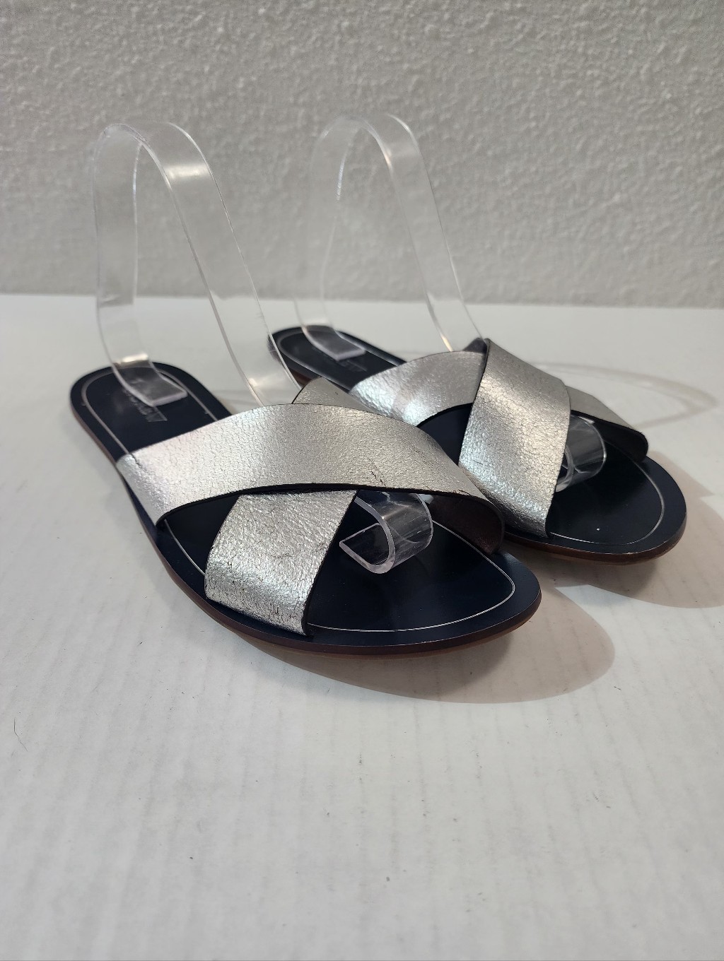 J.Crew Silver Metallic Leather Slide Sandals Resort Vacation Flat Women Size 10